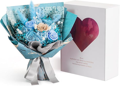 Large Preserved Roses Bouquet - Eternal Flowers for Delivery Prime,1-3 Years Long Lasting Real Roses Gift for Women,Mom Wife - Elegant Home Decor for Mother's Day,Anniversary,Valentine's Day(Bule)