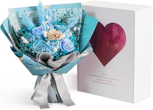Large Preserved Roses Bouquet - Eternal Flowers for Delivery Prime,1-3 Years Long Lasting Real Roses Gift for Women,Mom Wife - Elegant Home Decor for Mother's Day,Anniversary,Valentine's Day(Bule)