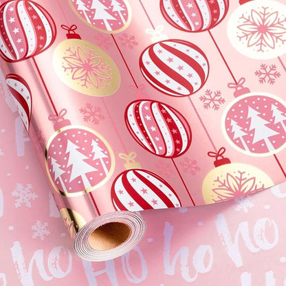MAYPLUSS Christmas Wrapping Paper Roll - 17 Inch X 33 Feet - Pink Christmas Bell Tree Snowflake Star Reversible HO Gift Wrapping Paper, Thick Wrap Paper for Holiday Party New Year Kids