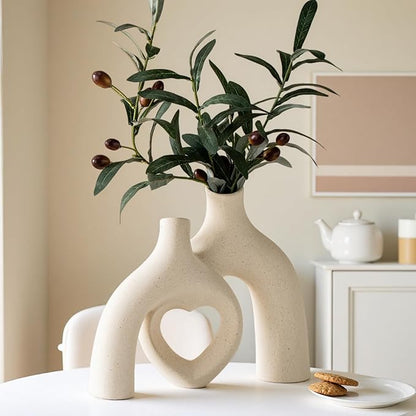Snuggle Hollow Hug Donut Ceramic Vase, 8.3 Inch Modern Nordic Boho Style Aesthetic Decorative Flower Vases for Home Decor Pottery Barn Dining Living Room Table Shelf (Milky White)