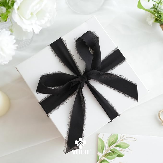 MEEDEE Black Chiffon Ribbon 1 Inch Frayed Ribbon Chiffon Silk Ribbons Black Fringe Thin Chiffon Ribbons for Crafts, Gift Wrapping, Wedding Invitation (3 Rolls 21 Yards)