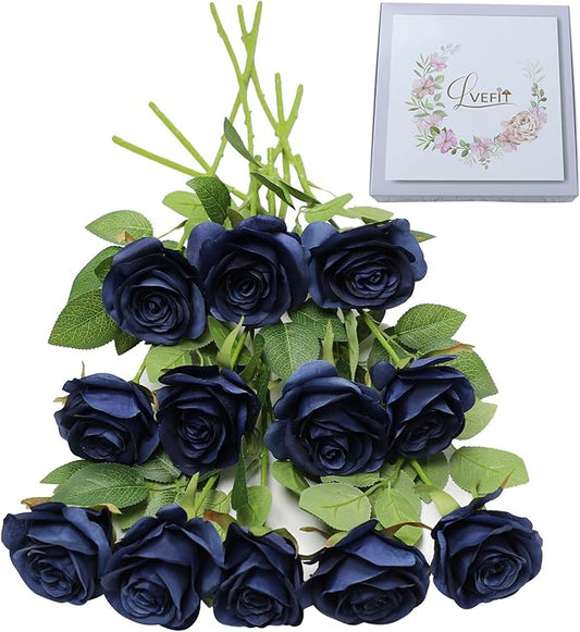 Artificial Rose Flower Artificial Flowers Flower with Long Stem Silk Roses Bouquet for Wedding Bridal Shower Party Home Decoration (Navy Blue, 12 Pcs)