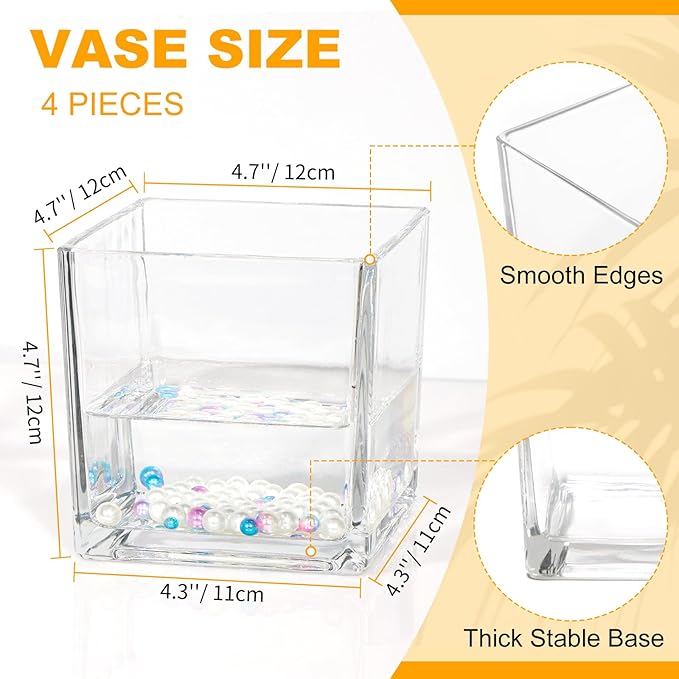 Set of 4 Square Glass Vases 5" x5" x 5", Clear Cube Flower Vases for Wedding Centerpieces, Candle Holders for Home Decor Party Events Ceremony