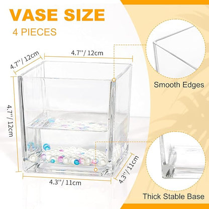 Set of 4 Square Glass Vases 5" x5" x 5", Clear Cube Flower Vases for Wedding Centerpieces, Candle Holders for Home Decor Party Events Ceremony