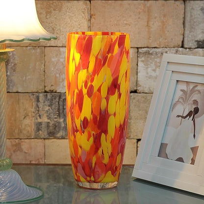 Ca D Oro Murano-Style Glass Vase Orange/Yellow Confetti Effect Hand Blown Art Glass Crystal for Flower, Room Decoration and Centerpiece - Model AD3