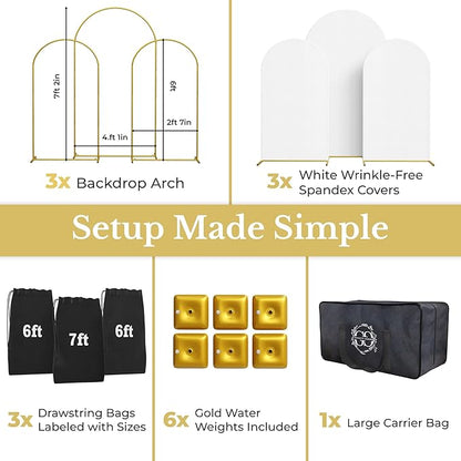 Metal Arch Backdrop Stand and Cover Set – 3 Gold Frames (7.2ft, 6ft x2) with White Wrinkle-Free Spandex Covers, Water Weights, Bags & Case – Wedding, Birthday, Baby Shower, Party Decor