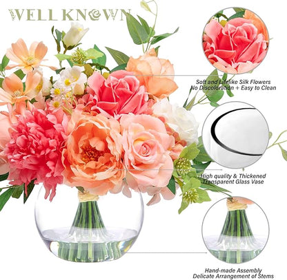 Artificial Flowers in Vase with Fake Water, Silk Peony Rose Flowers Bouquet with Glass Vase for Thanksgiving Party Birthday Wedding Dinning Table Centerpieces Office Decor & Gift (Coral & Peach Plus)