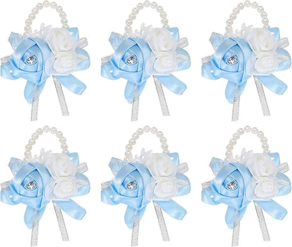 MECCANIXITY 6Pcs Wrist Corsage Artificial Flower Bracelets Rose Wrist Bride Groom Decorative for Wedding Ceremony Prom Party Anniversary Sky Blue