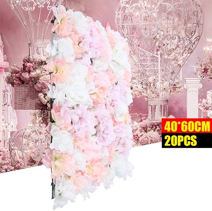 20pcs 24" x 16" Artificial Flower Wall Panel Background,3D Pink Silk Hydrangea Rose Flowers Wall Backdrop for Wedding Party Event Photo Stage Backdrop Wall Decor (Pink)