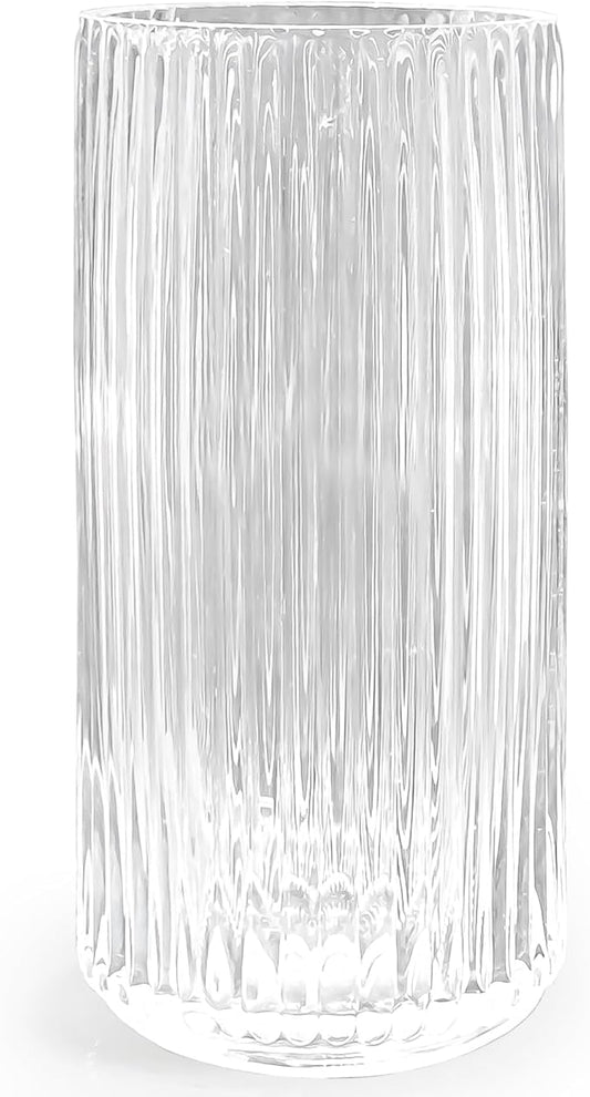 Muyan 9.8" Flower Vase for Decor Ribbed Glass Vase Modern for Centerpieces Desktop Home Office Dining Living Room Wedding (Clear)