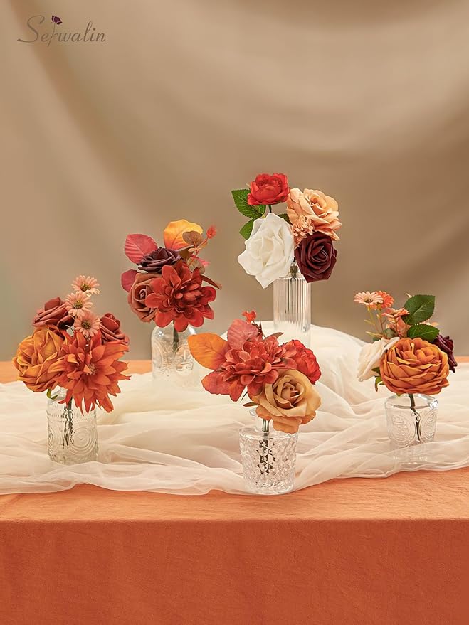 Serwalin Fall Flowers Artificial Flowers Burnt Orange Fake Cake Flowers for DIY Wedding Bridal Bouquet Centerpieces Floral Arrangement Fall Decor Baby Shower Home Decor