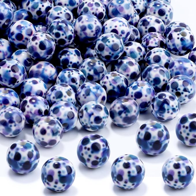 100 PCS 10mm Resin Beads Bulk for Bracelet Making Kit, Blue Bubbles Print Round Loose Beads for Jewelry Earring Necklace Rings Art Craft DIY Projects
