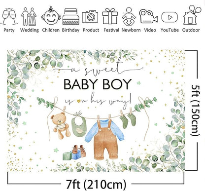 Mocsicka Baby Boy Backdrop for Baby Shower Oh Baby Green Leaves Boy Baby Shower Decorations Floral Watercolor Eucalyptus Golden Dots Cake Table Banner Decor Photo Booth Studio Props(Blue, 7x5ft)