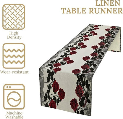 Red Rose Print Table Runner, Romantic Vintage Rose Summer Dark Flower Dinner Runner Table Decoration for Home Kitchen Dining Holiday Wedding Party 13x36in