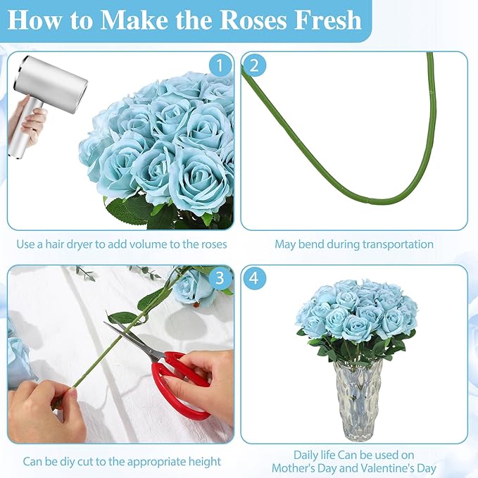 80 Pcs Roses Artificial Flowers, Silk Haze Blue Artificial Flowers Petals Long Stem Roses for Wedding Bouquet Home Party Decor