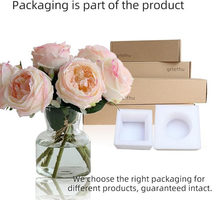 6Pcs Fake Austin Rose Peonies Flowers with Vase, Clear Glass Vase with Pink Real Touch Peonies Artificial Flowers Home Decor(Pink)