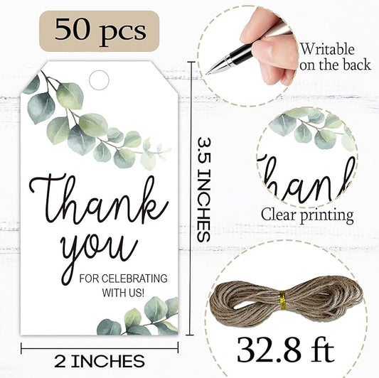 Thank You for Celebrating with Us Tag, 50 Pcs Thank You Paper Lables, 2x3 Inch Floral Gift Tags with String for Wedding Birthday Baby Shower Bridal Shower, Party Decoration-A04