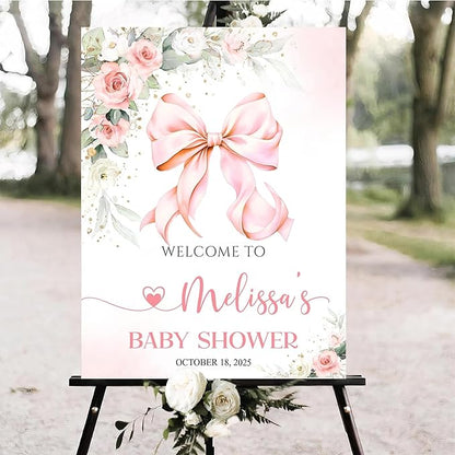 Personalized Pink Bow Baby Shower Welcome Sign, Custom Minimalist Bow Baby Girl Party Sign, Baby's Shower Gifts, Birthday Gifts, Gender Reveal Decorations, Newborn Announcement Party Supplies - 05