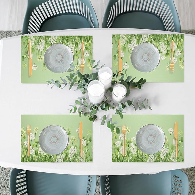 PVC Placemats Set of 6 Sage Green Flower Wipeable Table Mats Washable Heat Resistant Non Slip Vinyl Dining Table Mat for Kithen Indoor Outdoor Patio Farmhouse Place Mats Decorative