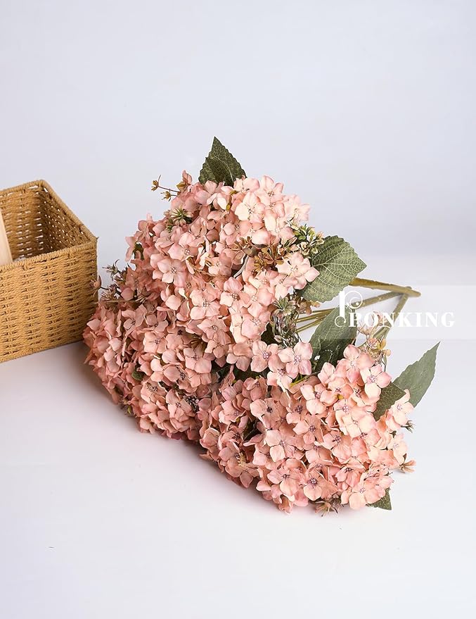 Hydrangea Artificial Flower 3pcs Realistic Faux Silk Hydrangeas Fake Flowers Bouquets Arrangements Decor for Wedding Spring Mother's Day, Home Table Decorations, Pink Champagne Flower