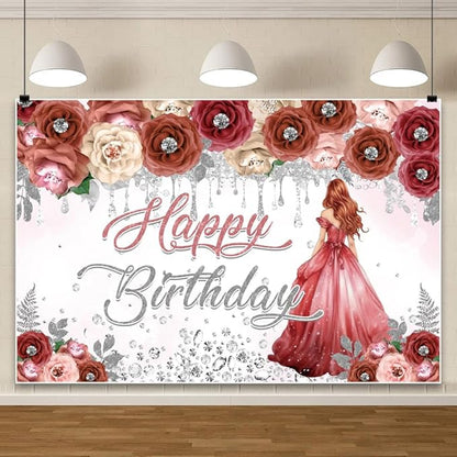 AOFOTO Happy Birthday Backdrop Red Beige Pink Rose Floral Diamond Print Photography Background for Women Girls Birthday Party Banner Home Wall Decor Photo Studio Booth Props 7x5ft
