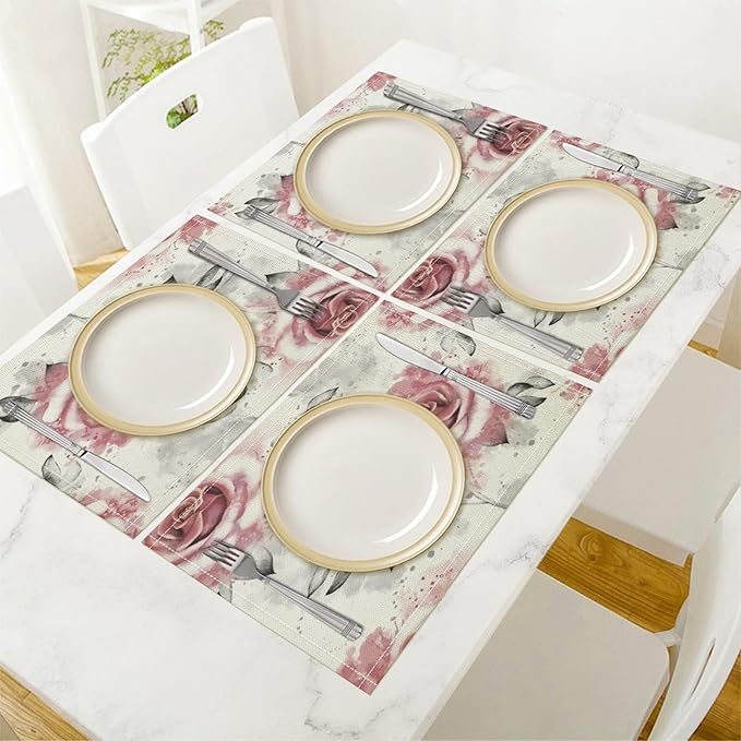 Rose Placemats Set of 8, 17x12 Inch Vintage Romantic Floral Pink Rose Gray Leaf White Table Mats for Home Party Kitchen Dining Decor