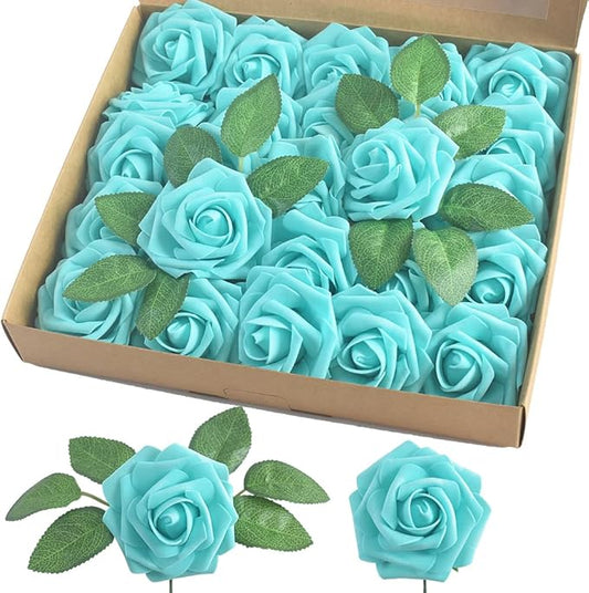 homEdge Artificial Rose, 25pcs Foam Artificial Flowers with Stem for Home Decorations, Wedding Bouquets, Party, Certerpieces, Anniversaries-Light Blue
