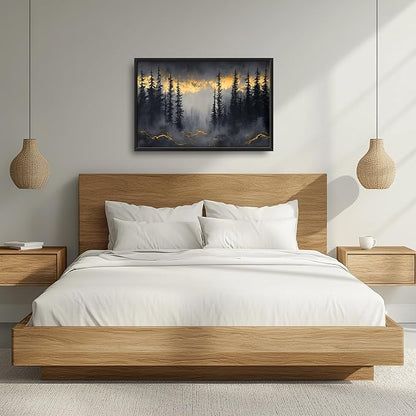 Misty Forests Large Decor Framed Wall Art Gold and Black Pictures for Living Room, Foggy Forest Landscape Oversized Canvas Print Painting Modern Extra Large Framed Artwork for Bedroom Office 36"x24"