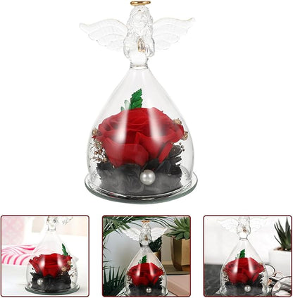 Garneck Eternal Preserved Rose with Angel Figurines in Glass Dome Romantic Desktop Ornament for Birthday Mother's Day Wedding Floral Decoration