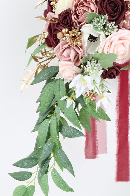 9 Inch Artificial Wedding Bouquets for Bride Bridal Bouquet Bridesmaid Bouquet Tossing Bouquet for Wedding Ceremony Anniversary Bridal Shower(Marsala & Blush)