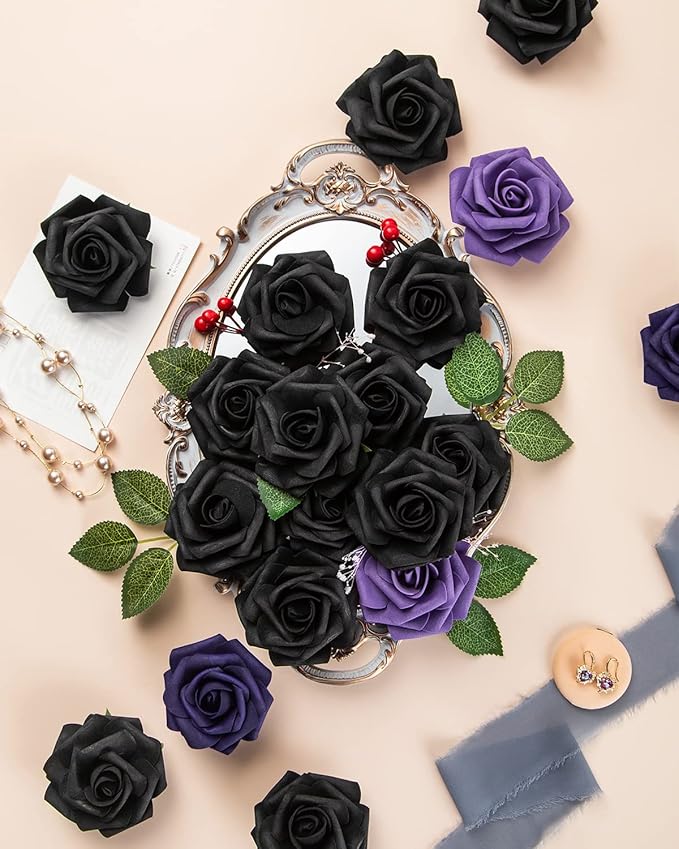 DuHouse 25Pcs Artificial Roses Flowers Fake Roses with Stems Real Touch Foam Flowers for DIY Wedding Bouquet Baby Shower Centerpiece Halloween Floral Arrangement Party Home Decor(Black)