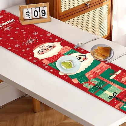 Christmas Table Runner – Red Holiday Table Decoration with Cute Santa Claus & Gifts Design, Festive Dining Table Decor for Christmas Party, Family Dinner, Kitchen & Living Room