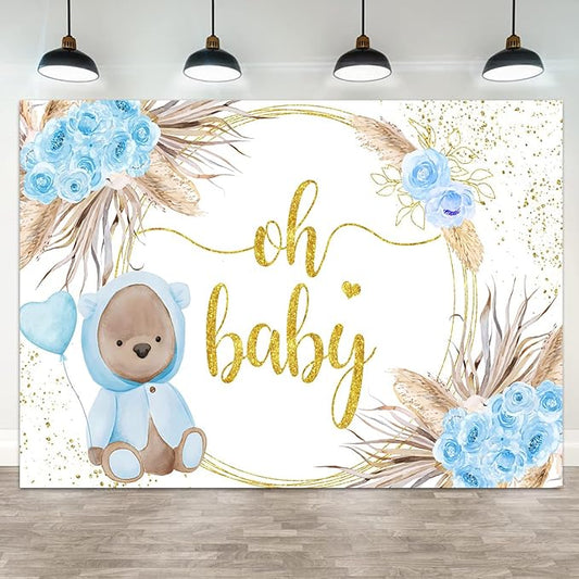 15x10ft Baby Shower Backdrop Oh Baby Photography Background Bear Blue Flowers Boho Leaves Heart Balloon Gold Dots Kid Birthday Party Banner Decorations Newborn Gender Reveal Photo Booth Prop