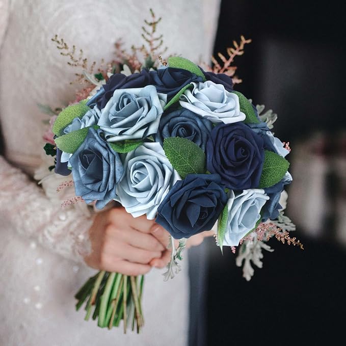 100 Pieces Artificial Foam Rose Flowers Faux Bouquet with Leaves and Stems for DIY Wedding Bouquets Centerpieces Bridal Shower Party Valentine Home Decorations(Shades of Blue)