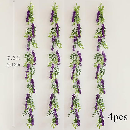 Wisteria Artificial Flowers Garland, 4Pcs Total 28.8ft Silk Faux Wisteria Vine Kit, Hanging Flower Plant for House Outdoor Garden Ceremony Outside Wedding Arch Floral Decor (4, Purple)