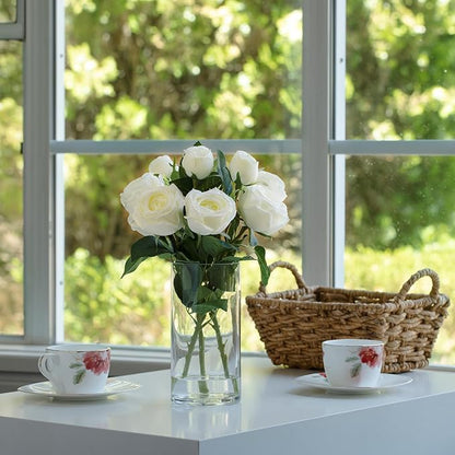 ENOVA FLORAL 9 Heads Silk Rose Artificial Flowers in Vase,Faux Rose Flowers Arrangement in Vase with Faux Water for Table Decor Centerpieces (Cream)
