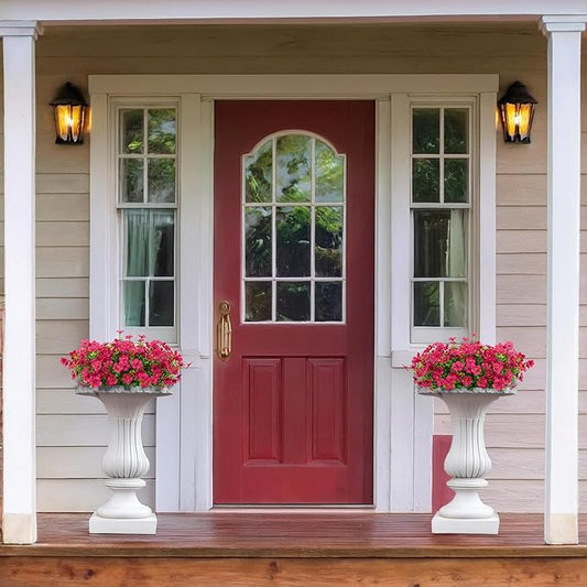 16 Bundles Artificial Flowers Outdoor Spring Summer Decoration Fake Silk Colorful Daisy Eucalyptus Realistic UV Resistant Outside Faux Plants for Garden Porch Window Box Home Decor (Rose Red)