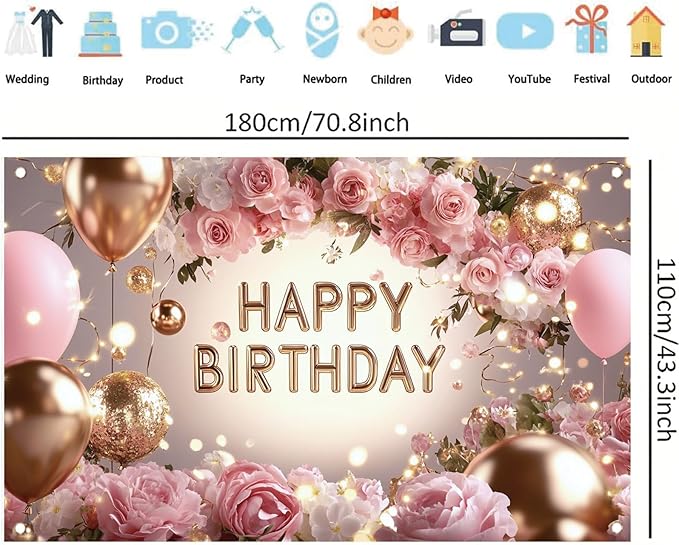 Pink Rose Happy Birthday Backdrop Banner Gold Glitter Crown Photography Background Women Girls Birthday Party Decoration Balloon Gift Floral Banner Photo Booth Props 71x43 Inch