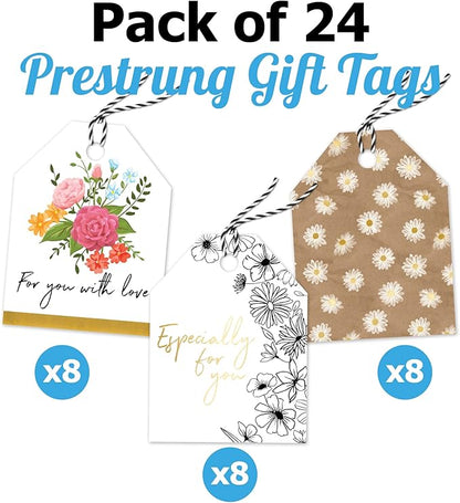 Pro Supply Global Spring Floral Theme Gift Tags - 2.5x3 Inch 24 Pack with 3 Design Styles Assorted Cardstock Prints Pre-Strung Hanging Labels Suitable for Wrapping Favors DIY Presents & Packaging Bags