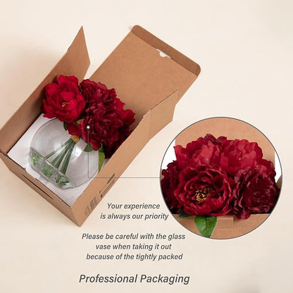 WELL KNOWN Artificial Flowers in Vase, Silk Peonies Flowers for Vase with Faux Water, Fake Flower Arrangements for Thanksgiving Fall Winter Coffee Dinning Table Centerpieces Decor (Burgundy Red)