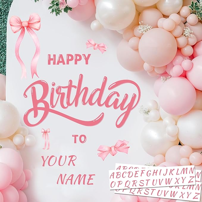 Custom Name Happy Birthday Signs for Backdrop Sweet Girl Birthday Party Vinyl Stickers for Pink Bow Balloon Arch Decoration Women Happy Birthdays Letters Banner Photo Background Sticker Party Supplies