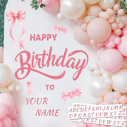 Custom Name Happy Birthday Signs for Backdrop Sweet Girl Birthday Party Vinyl Stickers for Pink Bow Balloon Arch Decoration Women Happy Birthdays Letters Banner Photo Background Sticker Party Supplies