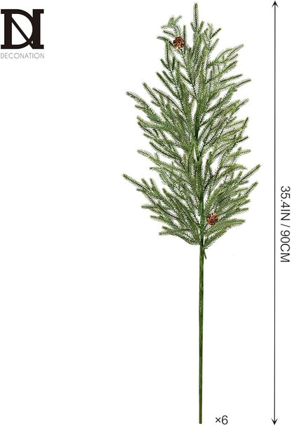 DN DECONATION Artificial Christmas Norfolk Pine Stems, Faux Pine Branches with Cones 35.4" 6PCS - Greenery Fake Pine Needles for Vase Arrangements, Winter, Holiday Indoor Outdoor Home Decor