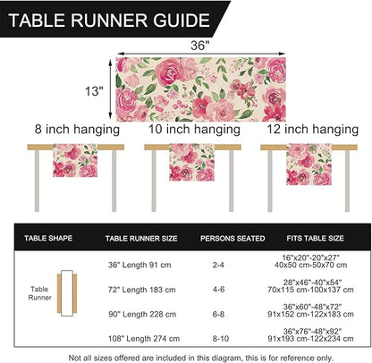 Seliem Spring Summer Watercolor Flower Table Runner, Pink Peony Floral Kitchen Dining Table Decor, Seasonal Burlap Home Decoration Indoor Outdoor Party Supply 13 x 36 Inches
