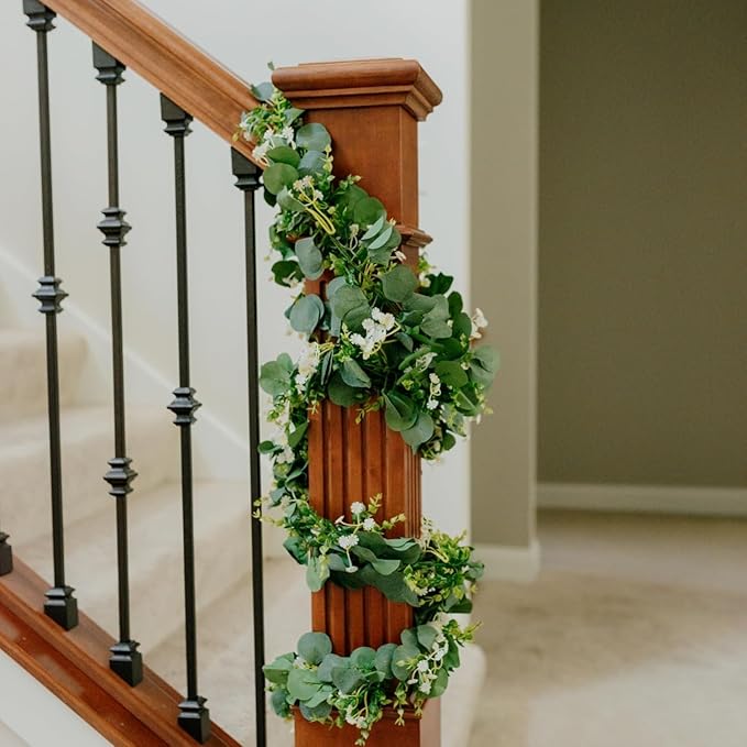 CQURE 4 Pack 5.9Ft Eucalyptus Garland,Artificial Eucalyptus Flowers Leaves Table Greenery Garland Wreath Vines for Wedding Party Table Fireplace Bedroom Wall Room Decor