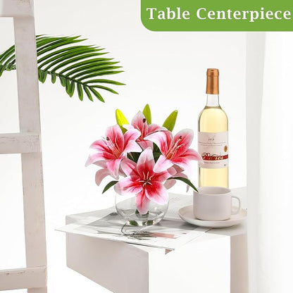 Artificial Tiger Lily Arrangement in Glass Vase, Real Touch Silk Flowers, FakeLilies with Faux Water
