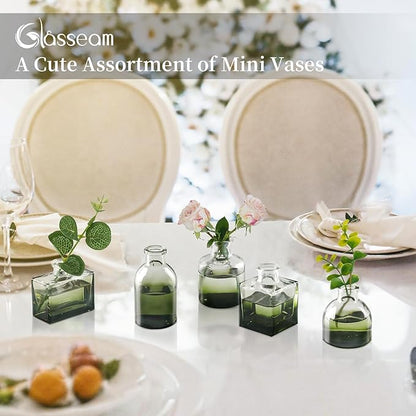 Glasseam Green Glass Bud Vase: Mini Small Vases for Centerpieces Cute Flower Vase Set of 5 Tiny Vases for Flowers Decorative Centerpiece Decor Table Wedding Party Dining Room Decoration