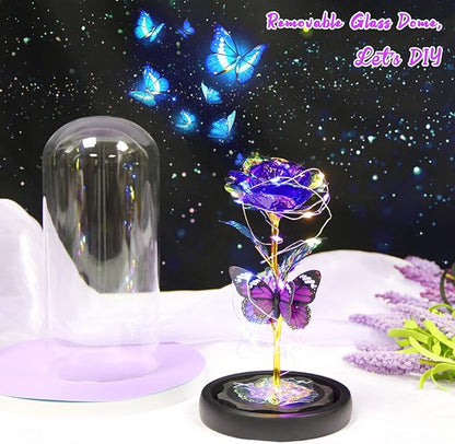 Purple Butterfly Rose Flower Birthday Gifts - Women Gifts for Her Mothers Day Valentines Anniversary Christmas Thanksgiving - Light Up Rose Flower Gifts for Mom Wife Grandma Girlfriend Daughter Sister