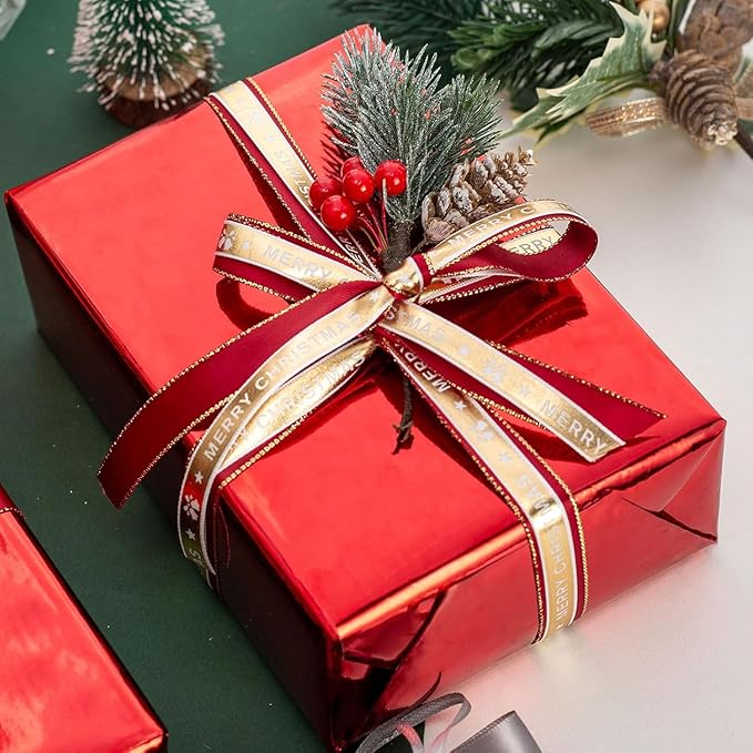 Merture Red Wrapping Paper Roll - 17 In X 32.8 Ft(46.5 sq.ft.) Metallic Red Solid Color Gift Wrap with Grid Cutting Lines for Mothers Day, Christmas, Birthday, Wedding, Bridal Shower, Valentines Day