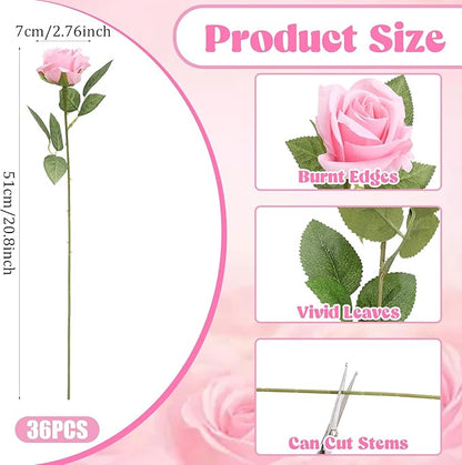 36 Pcs Silk Pink Roses Bouquet Bridal Artificial Flowers Mothers Day,Fake Rose Long Stem Realistic Artificial Flowers Bulk for Wedding Bouquet Ball Arrangement Centerpiece Party Decor